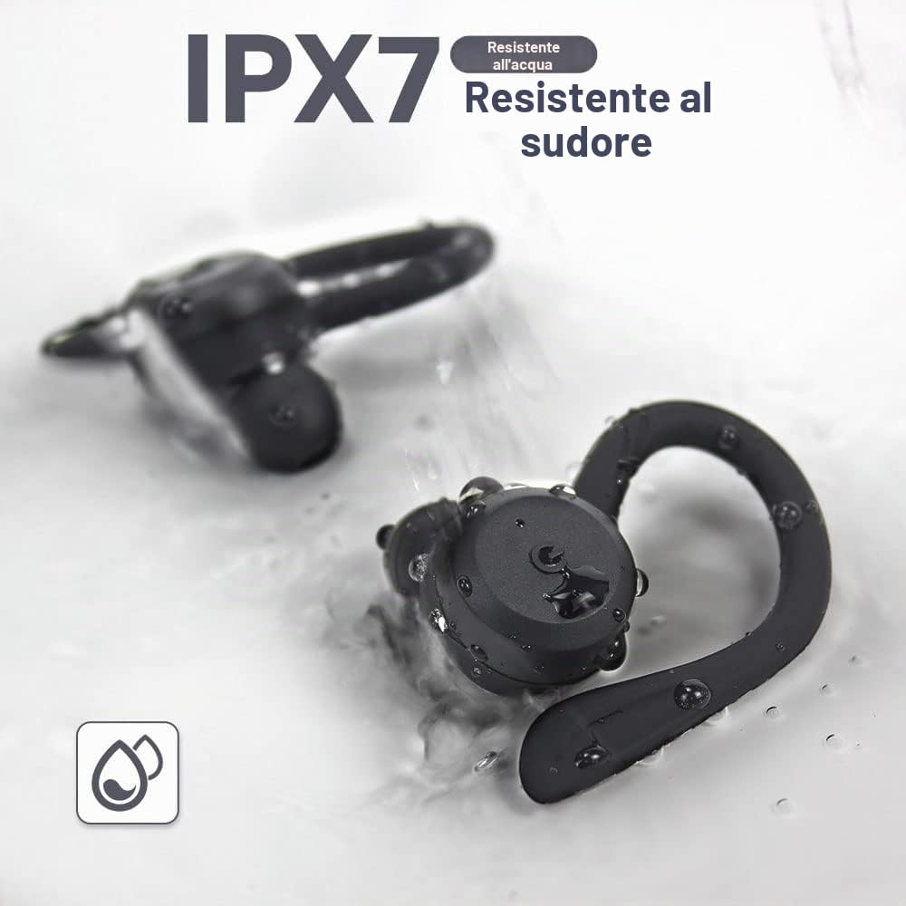 APEKX Cuffie Bluetooth True Wireless con custodia di ricarica Audio stereo impermeabile IPX7 Microfono incorporato in-ear Bassi profondi per lo sport Running Nero