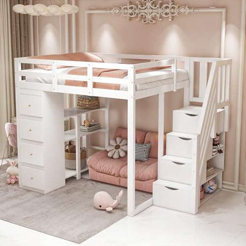 Cama alta con cajón de almacenamiento, cómoda con estantes, escalera de seguridad con cajones de almacenamiento, cama multifuncional de madera maciza, cama infantil (color madera, 140 x 200 cm)