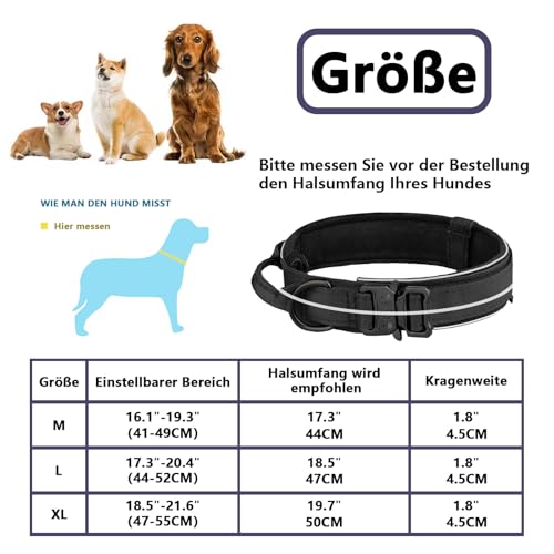 Premium Hundehalsband aus Nylon, Verstellbares Atmungsaktives Hundehalsband Weich Gepolstert, Reflektierend Halsband Hund mit Griff Halsband, 4.5 cm Breit M-XL