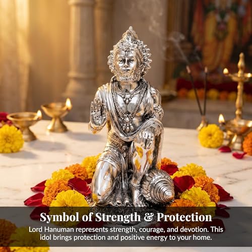 Image of Silver Plated Hanuman Idol - 7 Inch Divine Kneeling Bajrangbali Statue with Gada for Home Mandir and Office Sanctuary - Auspicious Vastu Decor and Spiritual Gift with Anti-Tarnish Finish