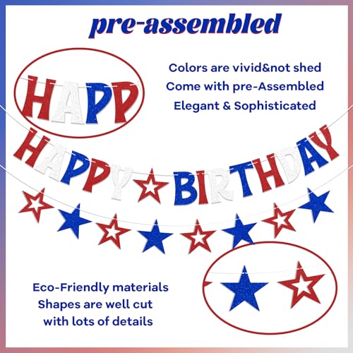 Image of Red White & Blue Happy Birthday Banner Decoration Glitter American Themed Stars Decorations for 4th of July Memorial Day Party Independence Day Birthday Decorations