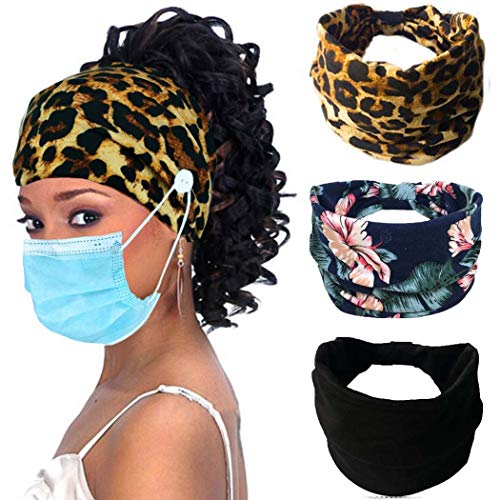 VFlowee Boho Bandeau African Headbands with Buttons for Face Mask Women Knotted Headband Wide Elastic Headwraps Sports Yoga Headwear Turban Hair Bands Hair Accessories (3PCS) (E)