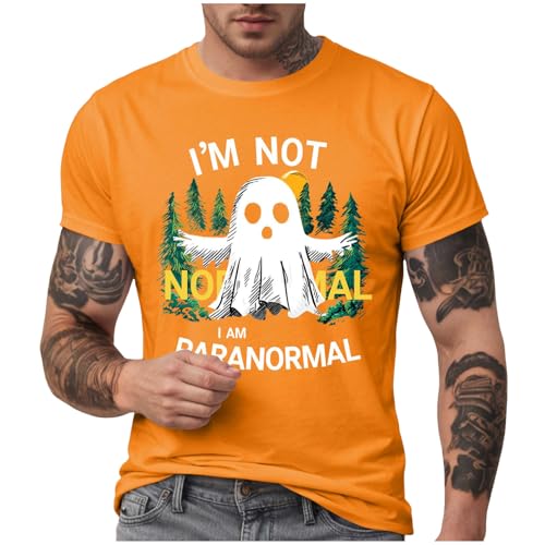 ハロウィン Tシャツ メンズ 半袖 丸首 大きいサイズ キュート カートゥーン 不気味 森 プリント柄 ゆったり 仮装 衣装 カジュアル おもしろ 面白い シャツ 個性的 派手 プルオーバー 日常 部屋着 文化祭 (Orange, XL)