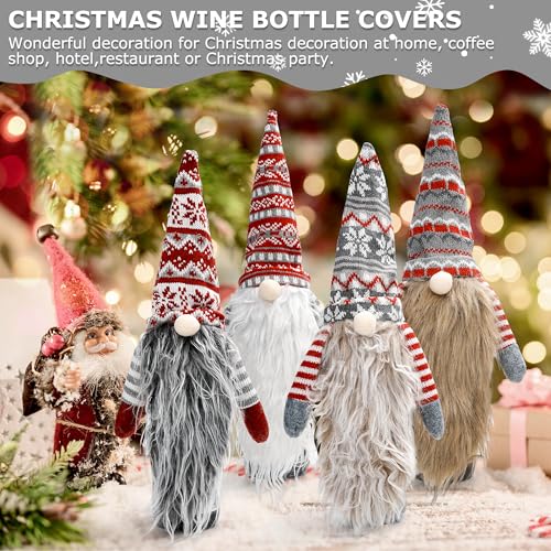 Image of Christmas Gnome Wine Bottle Topper Covers, Swedish Gnome Wine Bottle Topper, for Decorations Christmas Dining Table Decor Party Favors Supplies Holiday Gifts (4pcs Christmas striped style)