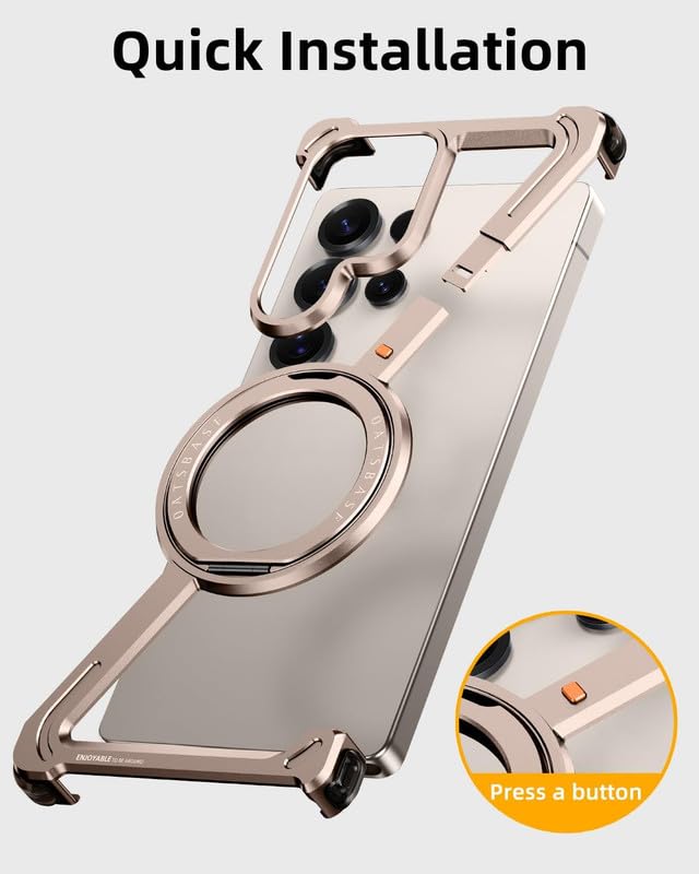 Image of Z Shaped Metal Frameless 360 Rotatable Ring Metal Bumper Case with Kickstand for Samsung Galaxy S25 Ultra Case Compatible with Wireless Charging | Luxury Aluminum Armor (Dessert)