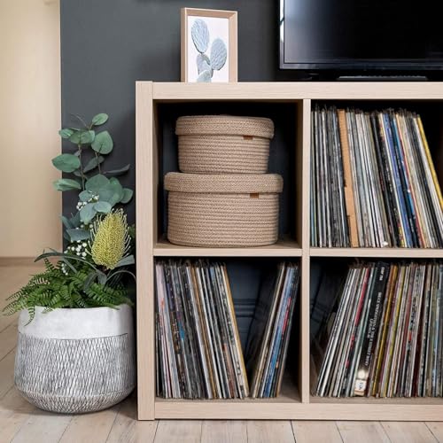 Image of AuraNest Cottan Box round mini rope storage jute woven Shelf basket hamper baby nursery tray bucket organizer gifts set of 2 for kids toys,fruits,living room,bathroom,kitchen,office (Brown)