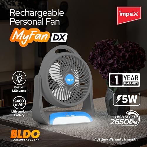 Image of Impex BLDC Rechargeable Fan with LED Lamp | 2400mAh Battery | High Speed 2650 RPM Portable Fan | 3 Speed Silent Operation with natural wind mode | Personal Mini Fan | USB-C Charging | 1 Year Warranty