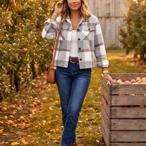 Elneeya Womens Plaid Jacket Cropped Vintage Button Up Collared Fall Coat - image 3