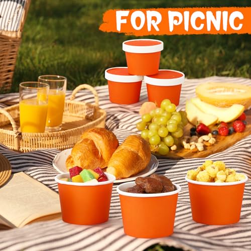 Image of Fulmoon 8 oz 100 Pack Paper Containers with Lids Soup Bowl Cup, Orange | Disposable Ice Cream Cup, Kraft Food Containers with Vented Lid Stackable for Hot Soup Dessert Cake Fruit Microwave Takeout
