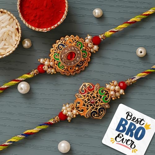 Image of eCraftIndia Set of 2 Traditional Pearl & Stone Multicolor Designer Rakhis, Best Bro Ever Fridge Magnet with Roli Chawal Pack - Rakhis for Brothers