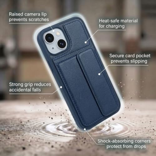 Image of amazon basics Luxury Vegan Leather Back Cover for iPhone 15 | Built-in Card Holder Slot | Integrated Mobile Stand | Slim Shockproof Protective Case with Stitched Finish - Blue
