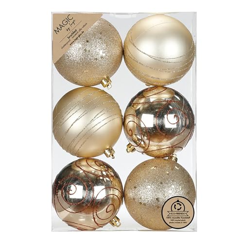 Inge-glas Weihnachtskugeln Kunststoff 8cm 6er Set - bruchsicher & mit Glitzer Muster - Große Christbaumkugeln für Weihnachtsbaum - Weihnachtsbaumkugeln & Christbaumschmuck Champagner - Creamy Gold