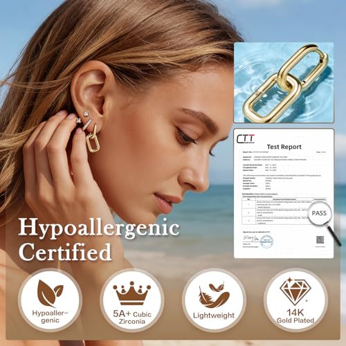 SPORCLO Gold Paperclip Earrings for Women 3 Pairs Hypoallergenic 14K Gold Plated Dangle Hoop Earrings Set CZ Stud Earring Jackets Flat Back Earlobe Jewelry Gift — view 4
