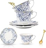 Kaffeetassen mit Untertassen, 2 Stück Rosenporzellan Goldrand Teetassen und Untertassen mit Löffel, Porzellan Cappuccino Tasse set, Mochatassen, Keramik Espressotasse(Blau)