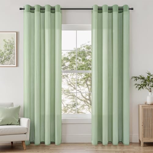 Topfinel Rideau Voilage Vert Sauge Moderne Rideaux Fenetre d'Intérieur Semi-Transparents Effet Lin Oeillet pour Salon Chambre Balcon 140x240 cm 2 Panneaux