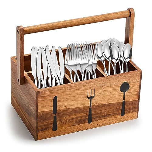 Geetery Acacia Utensil Caddy Silverware Caddy with Handle Wooden Multipurpose Countertop Flatware Napkin Utensil Organizer for Party Picnic Kitchen Trip, 9.1 x 5.9 x 4.5 in(Wood Color)