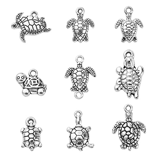 UR URLIFEHALL 90 Pcs 9 Styles Tibetan Style Sea Turtle Charms Antique Silver Animal Charms Pendants for DIY Jewellery Making Hair Accessories