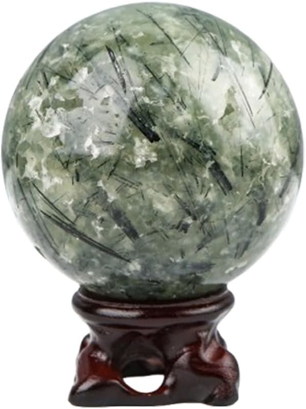 Prehnite Sphere 50-70mm Crystal Ball Decorative Stone Orb with Wood Stand for Home, Office, &,50~60mm