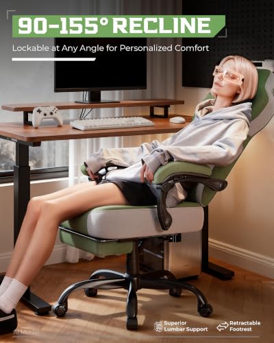 Image of GTPLAYER Gaming Chair for Adults, Ergonomic High Back Chair with Footrest | Big & Tall Computer Video Gaming Chair, Comfort Wide Seat with Lumbar Support for Big /Tall, Office /Home, Tf - Green