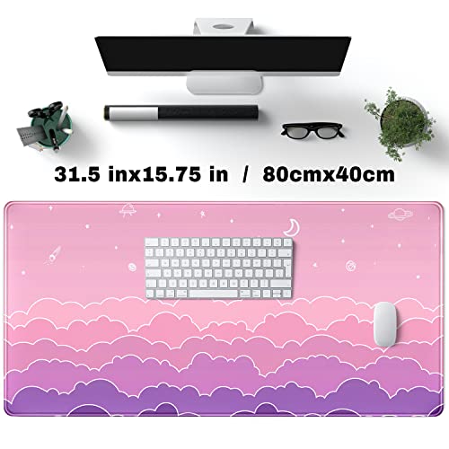 Kawaii Mouse Pad Desk Gaming Accessories Cute Clouds Xxl Mouse Pad Pink Anime Office Decor Desk Mousepad Large, 31.5X15.7In Extended Keyboard Mousepad For Desk Girl With Stitched Edges Non-Slip Rubber #TOP1