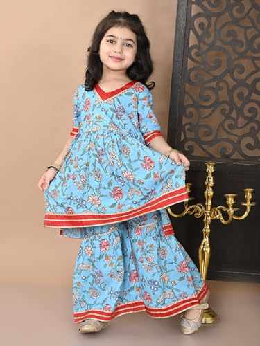 Image of superminis Girls Cotton Floral Printed Gota Patti Work Half Sleeves Sharara Suit