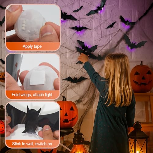 Image of 3D Bat Design LED Decoration, Halloween Lighted Bats Wall Stickers (24Pcs)