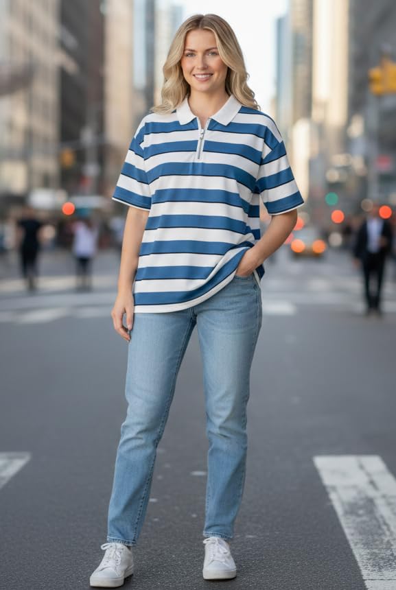 Image of Mack Jonney Women's Striped Polo T-Shirt | Half Zip Collar | Half Sleeve Cotton Casual Top | Relaxed Fit-M7496