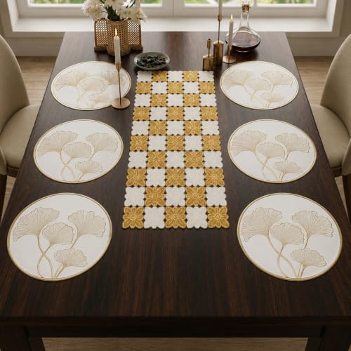Image of Dakshya Industries PVC Waterproof Round Table Placemats & Table Runner Combo | 6 Round Mats (38 x 38 cm) + 1 Runner (91 x 33 cm) | Heat Resistant, Washable, Non Slip (Zenvique)