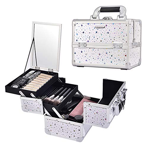 Joligrace Makeup Box Cosmetic Train Case Jewelry Organizer Lockable with Keys and Mirror 2-Tier Tray Portable Carrying with Handle Travel Storage White Star