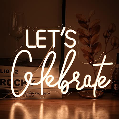 Let's Celebrate Neon Sign Dimmable Warm White Neon Light Let's Celebrate Neon Signs for Wall Decor Powered by USB Words LED Lights for Bedroom Party Thanksgiving(16.5