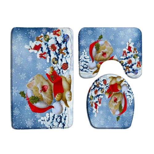 AMHNF 3 Piece Unisex Christmas Cat Bath Mat Set, Rectangular 17.8x29.5 Inch, Multicolor, Modern/Contemporary Style, Machine Washable, Christmas & Winter Holiday Theme