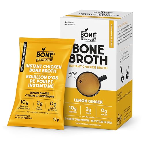 Bone Brewhouse - Chicken Bone Broth Protein Powder - Lemon Ginger Flavour - Keto & Paleo Friendly - Instant Soup Broth - 10g Protein - Natural Collagen, Gluten-Free & Dairy free - 5 Individual Packets