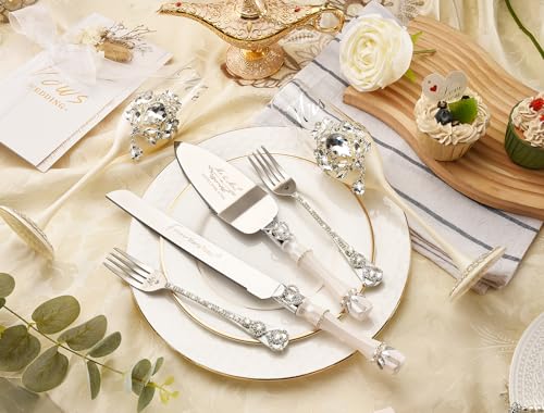 Wedding Cake Cutting Set with Crystal Champagne Flutes, Silver - Image 4