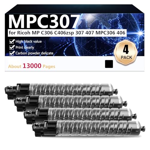 CFDFDA MPC307 Toner Cartridge Compatible for Ricoh MP C306 C406zsp 307 407 MPC306 406 Printers, High Yield 13000 Pages, Clear Printing,Black-4 pack