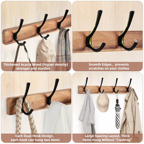 Coat-Rack-Wall-MountAcacia-Wood-Coat-Hooks-Wall-Mount15-Wall-Coat-Rack-with-Heavy-Duty-4-Double-HooksHat-Rack-Wall-Coat-Hanger-for-TowelDogs-LeashesCoatBag