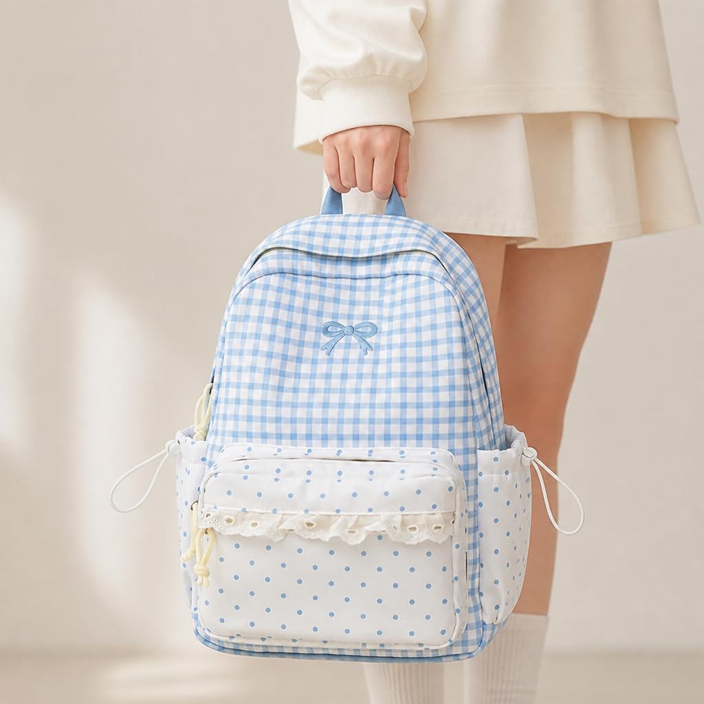 Ruffle Backpack with Plaid, Polka Dot Pockets and Bow Accent (Blue)