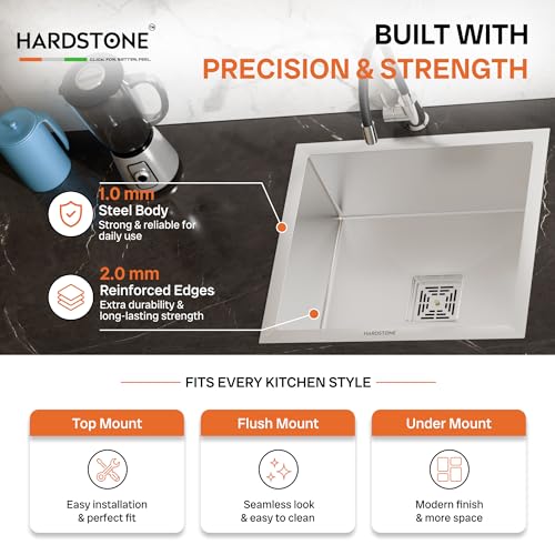 Image of HARDSTONE Premium Stainless Steel Single Bowl Kitchen Sink | Handmade Grade Matt Finish | Heavy Duty 1mm Thickness with Drainer Kit & Vegetable Basket | 21x18x9 Inch Silver Sink for Modern Homes