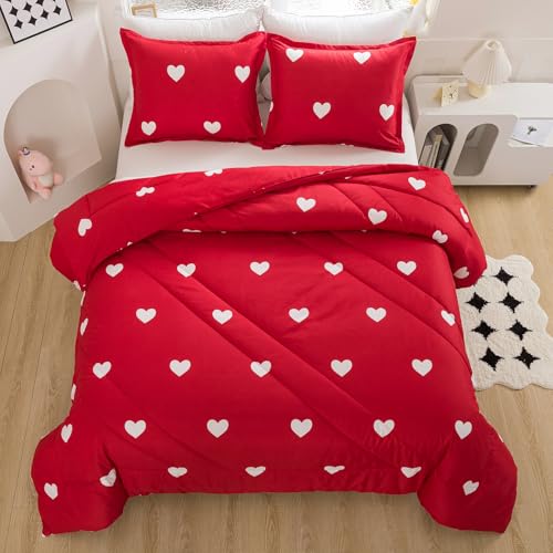 Caressma Love Comforter Set Twin Size - Cute White Heart Print Red Bedding Comforter with Matching Pillowshams