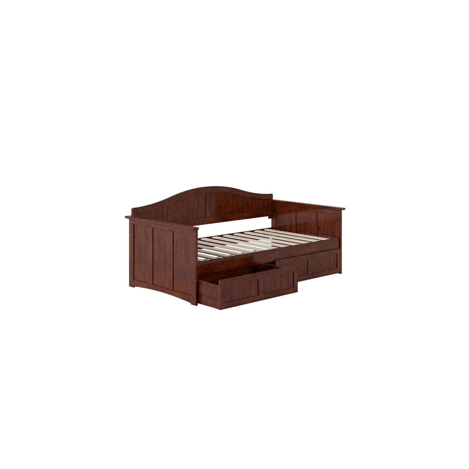 Maykoosh Lakefront Luxury Twin Wood Daybed with Set of 2 Drawers in Walnut, Stylish and Functional with Tongue and Groove Beadboard Design and Extra Storage Drawers