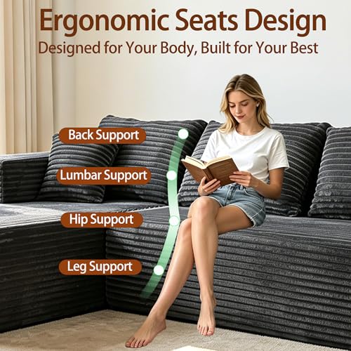 Image of 93 inch U-Shaped Boneless Couch, Corduroy Cloud Couch Sectional with Chaise and Ottoman, Deep Seat Modular Sectional Sofas for Living Room, No Assembly - Grey (Left Facing Chaise)