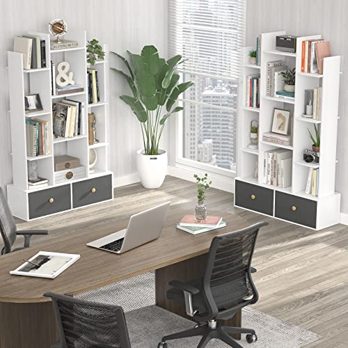 Unikito Bookshelf With 2 Drawers Free Standing Bookcase, Office Storage Shelf Organizer With 12 Open Bookshelves, Industrial Wood Book Case Display Rack For Bedroom, Living Room, Home Office, White #TOP7
