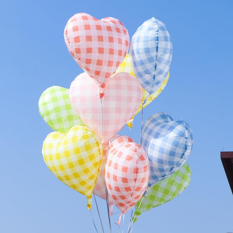 Image of Pastel Grid Heart Balloons, 10 Pcs Rainbow Checkered Heart Shape Balloon, 18 Inch Pink Yellow Blue Red Green Lattice Foil Balloons Helium for Kids Birthday Valentines Baby Shower Party Decorations