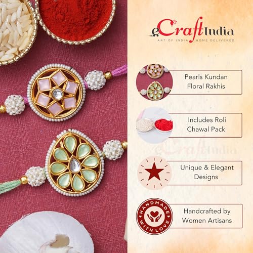 Image of eCraftIndia Set of 2 Kundan Beads Beautiful Peacock Designer Rakhis with Roli Chawal Pack