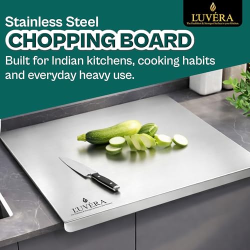 Image of L'UVERA 100% Stainless Steel Kitchen Chopping Board for Cutting Vegetables, Meat & Fruits | Rust-Proof, Odor-Free, Hygienic Food Prep | Durable, Knife-Friendly Surface | Large 36x31 CM