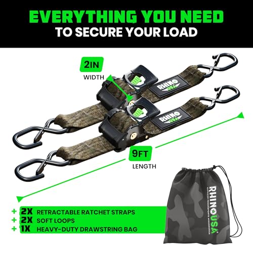 Image of Rhino USA x Realtree Retractable Ratchet Straps (2PK) 2 inchx 9' (1,209lb Break Strength)- Heavy Duty Auto Self Retracting Tie Down Straps for Truck, Cargo Trailer, Motorcycle, ATV, UTV- Realtree APX Camo