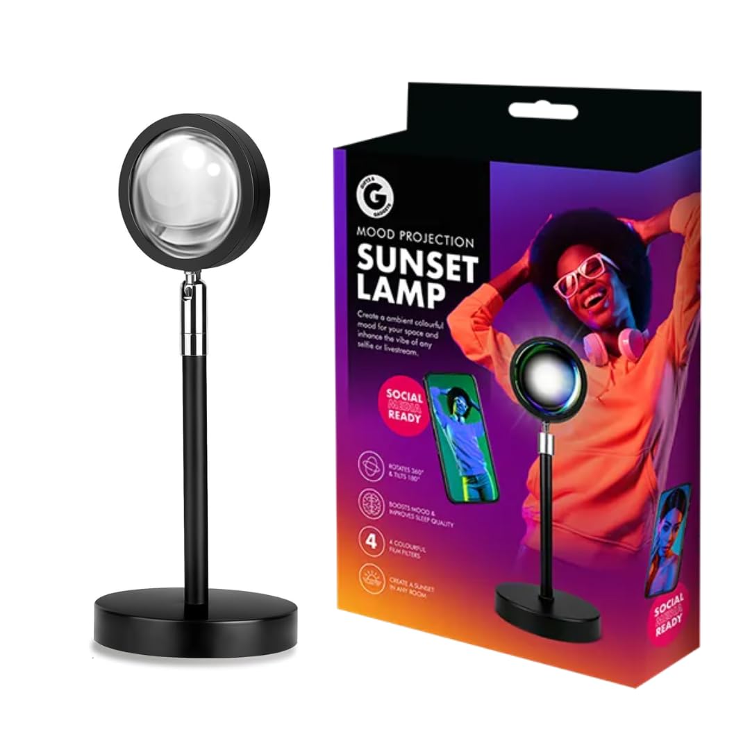 LND Gifts Projection Sunset Lamp, Mood Lighting for Bedroom, Selfie Lights, Bedroom Decor, Colour Changing Lamp Mood Light with 4 Colour Filters for Ambient Lighting, Sunlight Effect