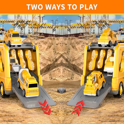 BLmukce 5 in 1 Baufahrzeuge Spielzeug für Jungen ab 3 4 5 Jahre, Autotransporter LKW mit 4 kleinen Autos, Reibungs-Kran, Mischer, Buldozer, Bagger, Geschenk für 2 3 Jahre Kinder