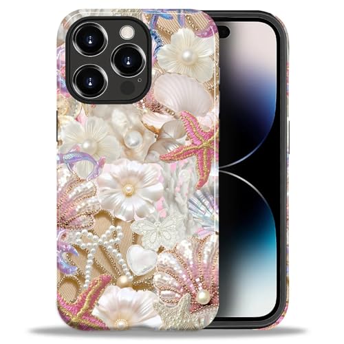 Yesad Case Compatible with iPhone 14 Pro Max, Cute Dual Layer Hybrid Phone Cover, Military Grade Drop Protection, Aesthetic Shockproof Phone Case for Women Girls, Glam Pearl Seashell - image 3