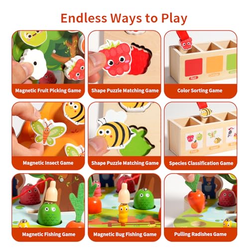 Image of INIFEIDALA Montessori Toys for 3 4 5 Year Olds | Birthday Gifts for Kids | Wooden Educational Toddler Toys, Shape Sorting, Carrot Harvest & Magnetic Fishing Game - Fine Motor Skills Development