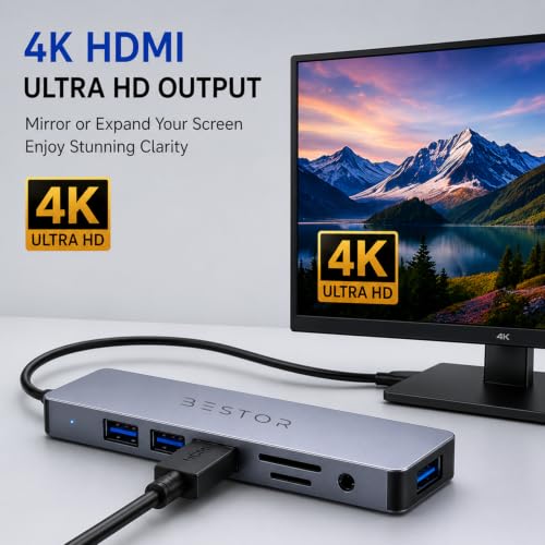 Image of Bestor 8-in-1 USB-C Hub Adapter with 3 USB 3.0 Ports, SD & TF Card Reader, AUX, Type-C PD Charging, USB-A & Type-C Dual Connector for Laptop, MacBook, PC